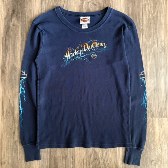 Vintage Harley Davidson Lightning T-Shirt Women's Size M Blue Motorcycle Tee Y2K - Picture 1 of 7